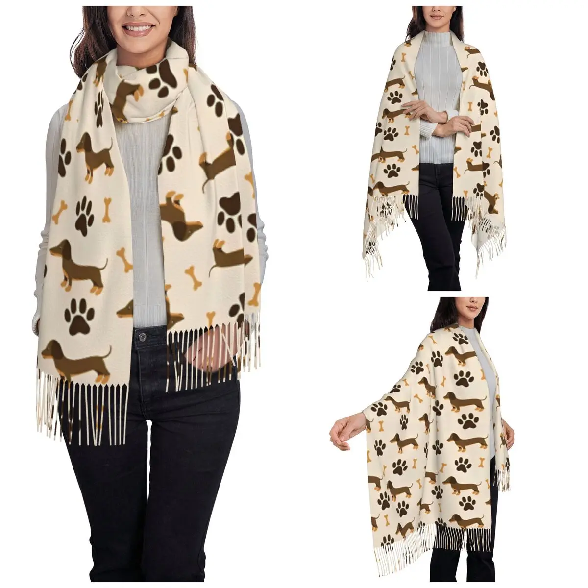 Cute Dachshund Shawls Wraps for Womens Winter Large Soft Scarf Animal Dog Neckerchief Tassel Scarves