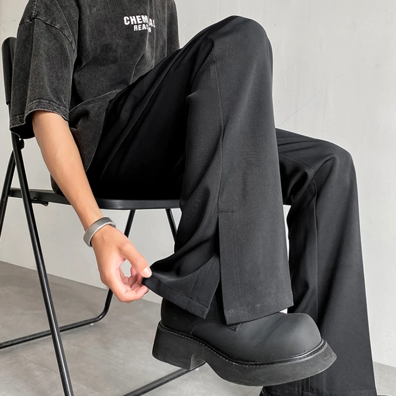 S-3XL Flare Pants Men Pure Color Micro-slit Daily Draping Korean Commuting Style Streetwear Simple All-match Mopping Trousers