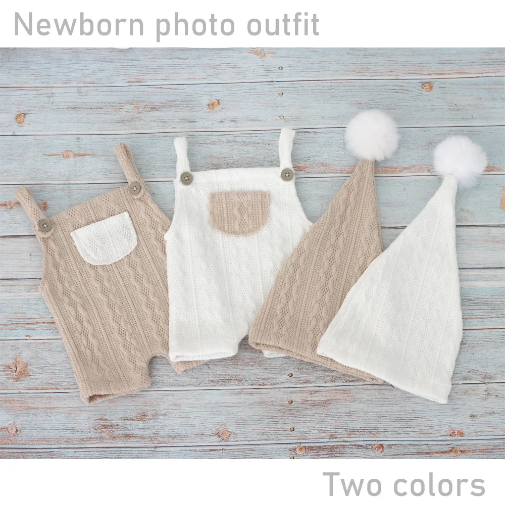 Newborn Baby Photography Clothes Outfits Knitted Infant Boy Girl Photo Shoot Clothing Sets Suspender Pants Hat With Fur Pompom