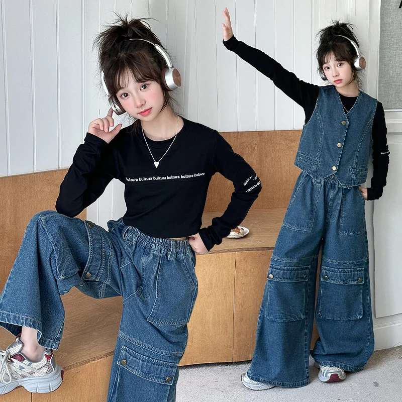

autumn teen girls pants set ensemble jeans fille Cowboy vest+t-shirt+Cargo jeans 3pcs junior kids Denim clothes suit outfits 14