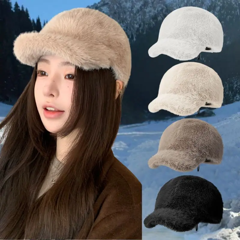 

Winter Warm Mink Fur Baseball Cap Solid Color Thickened Fluffy Soft Adjustable Visor Women Men Outdoor Skiing Fishing Casual Cap