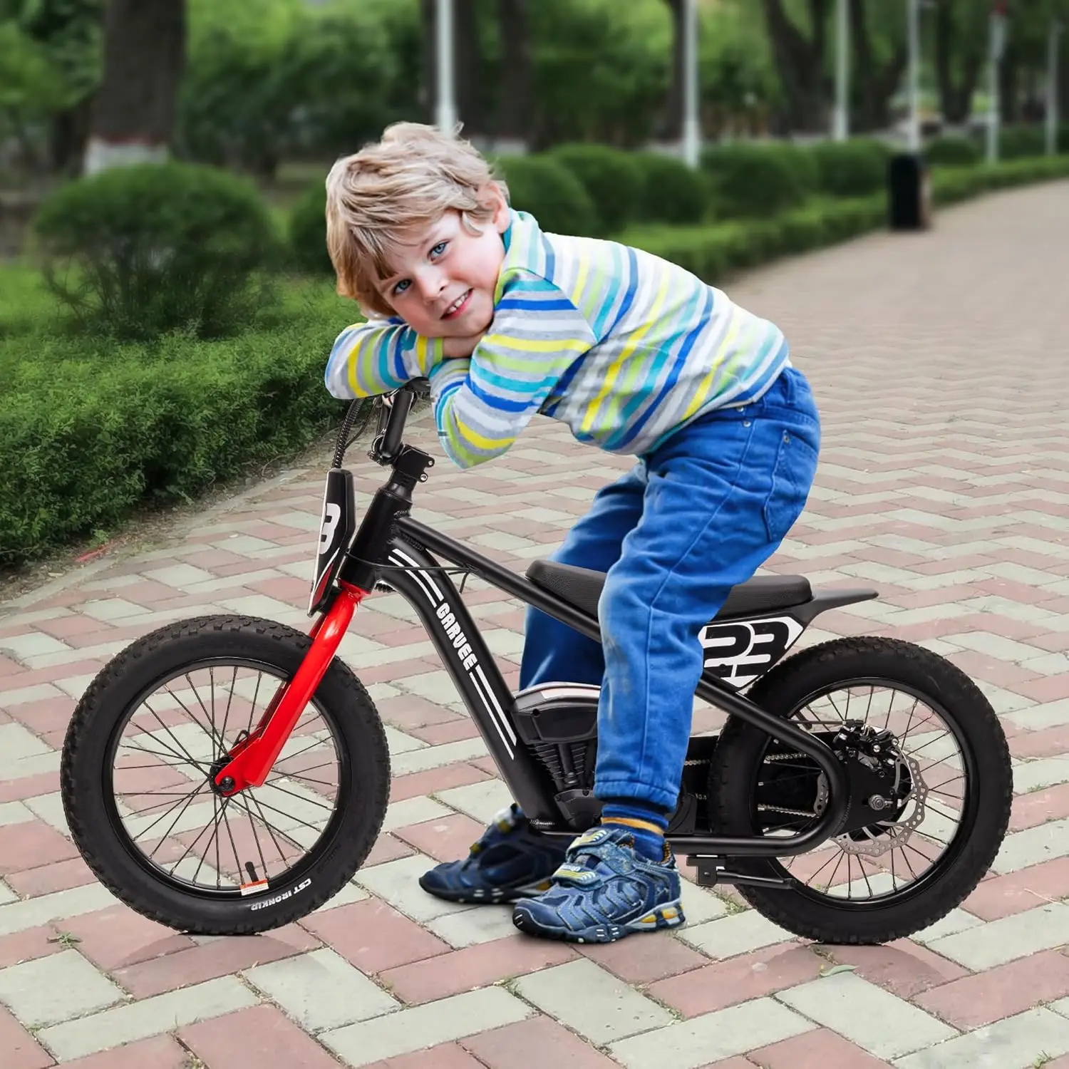 24V elektrische crossmotor voor kinderen, 16 inch 250 W elektrische loopfiets motorfiets voor kinderen van 6-12 jaar, 3 snelheidsinstellingen / afneembare batterij