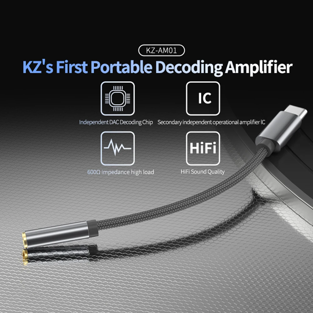 KZ AM01 Type-C to 3.5mm Headphone Jack Adapter 32bit/384kHz Hi-Fi DAC + IC Amplifier Dual Chip Earphone Audio Adapter Cable