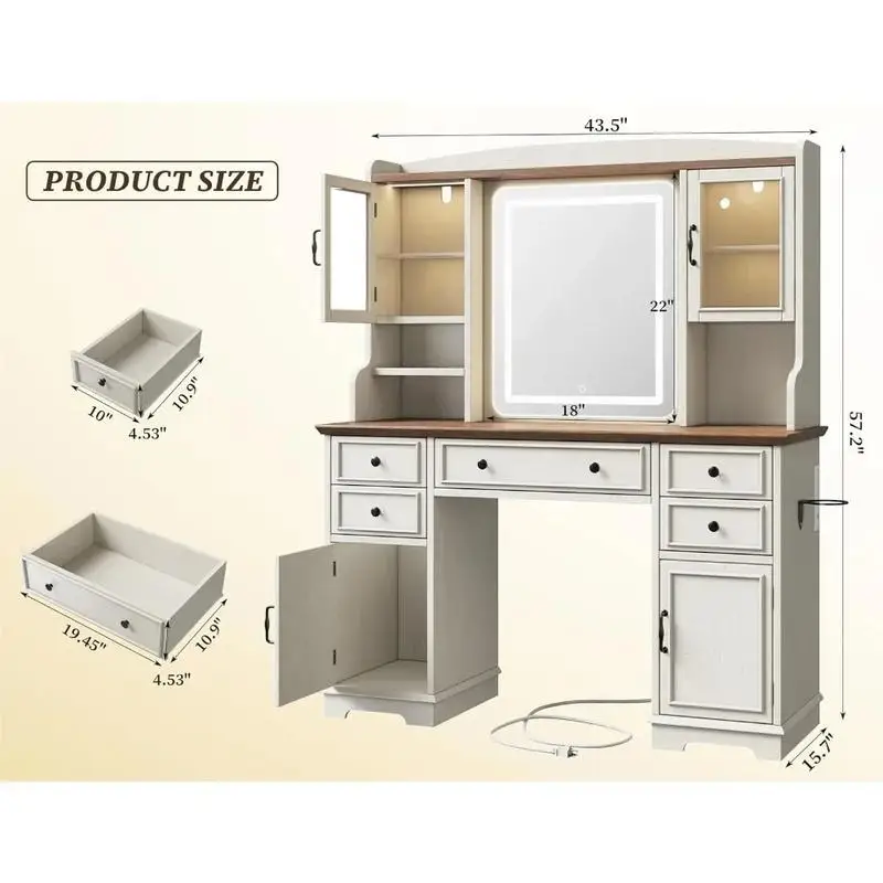 Meja Rias Besar dengan Cermin, Lampu LED, Lemari RGB, Set Meja Rias dengan 5 Laci dan 6 Rak Penyimpanan Meja Rias