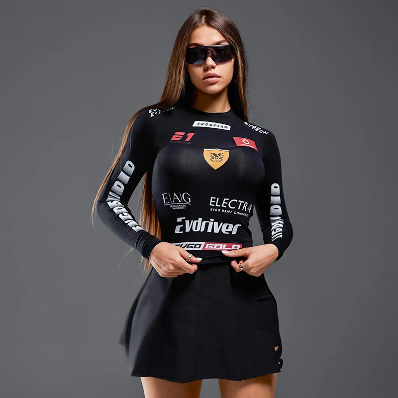American Motorcycle Style Long Sleeve Letter Print T-Shirt Women's Spring Summer Slim Fit Base Layer Shirt Casual Elegant