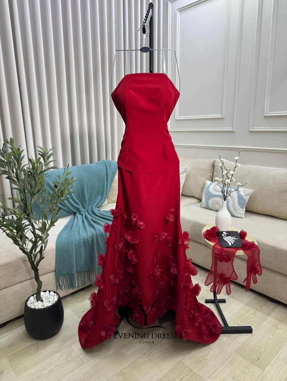 CUYUN Luxus Rot Abendkleider Sexy 3D Blumen Ärmellose Liebsten Elegante Prom Kleider Party Angepasst Vestidos De Noche