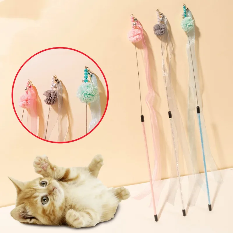 Cat Toy Ribbon Tassel Cats Teaser Stick Cat Toys Interactive Steel Wire Long Handle Tassel Toys for Cats Sticks Toy Pet Products