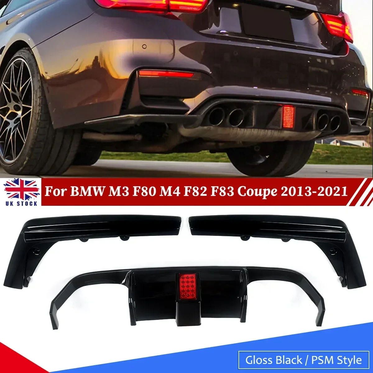 FOR BMW M3 M4 F80 F82 F83 BLACK F1 STYLE REAR DIFFUSER With LIGHT M PERFORMANCE