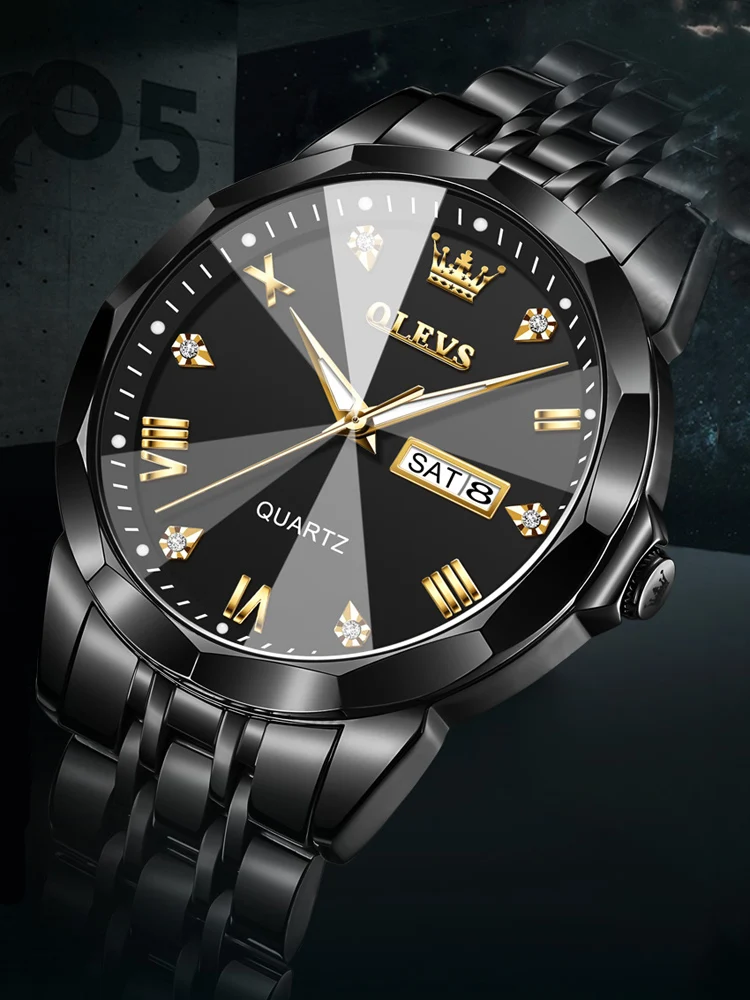 OLEVS Watch for Men Luxury Brand Black Steel Strap 3ATM Waterproof Date Luminous Quartz Men\'s Watches Reloj Hombre