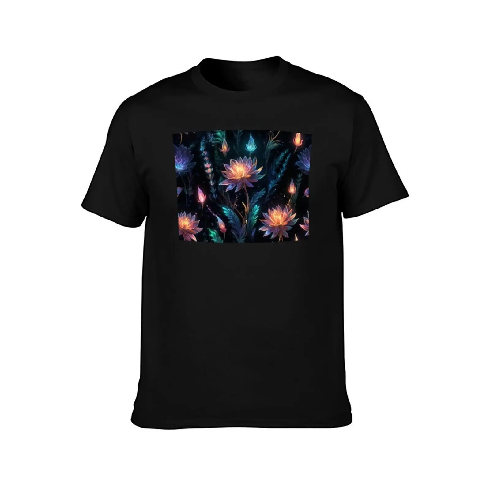 beautiful unusual glowing fluorescent flowers on a dark background.Seamless tile pattern T-Shirt