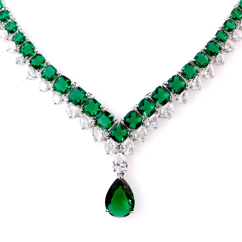 

JieLing Rhodium Silver V-Necklace with Emerald & Diamond Accents Elegant Teardrop Pendant Jewelry Gift for Women