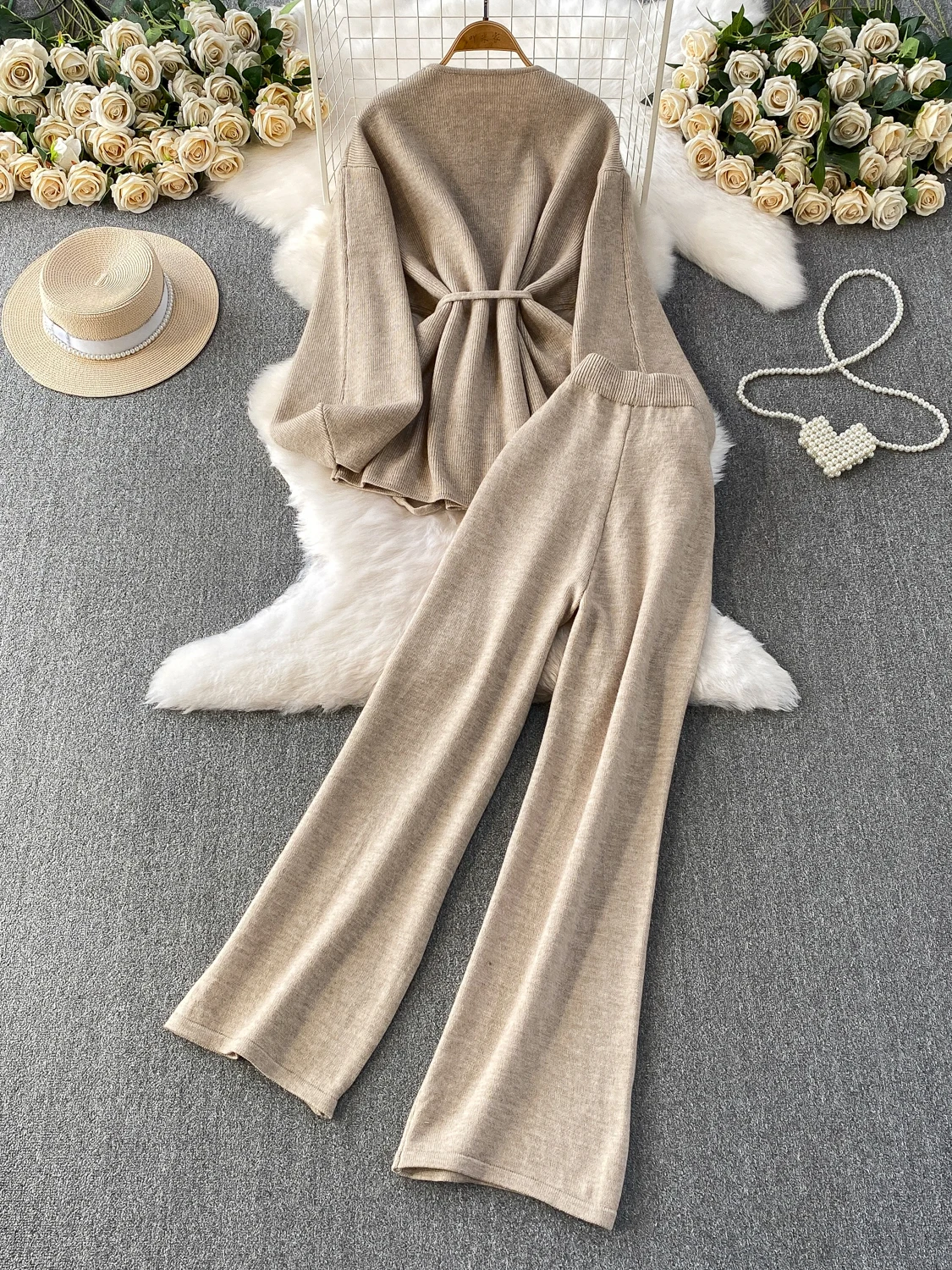 Setelan Fashion Wanita Ele Autumn Winter Batwing Sve Casual Cross Tie Waist Slimming Jaet plus Celana Kaki Lebar Pinggang Tinggi