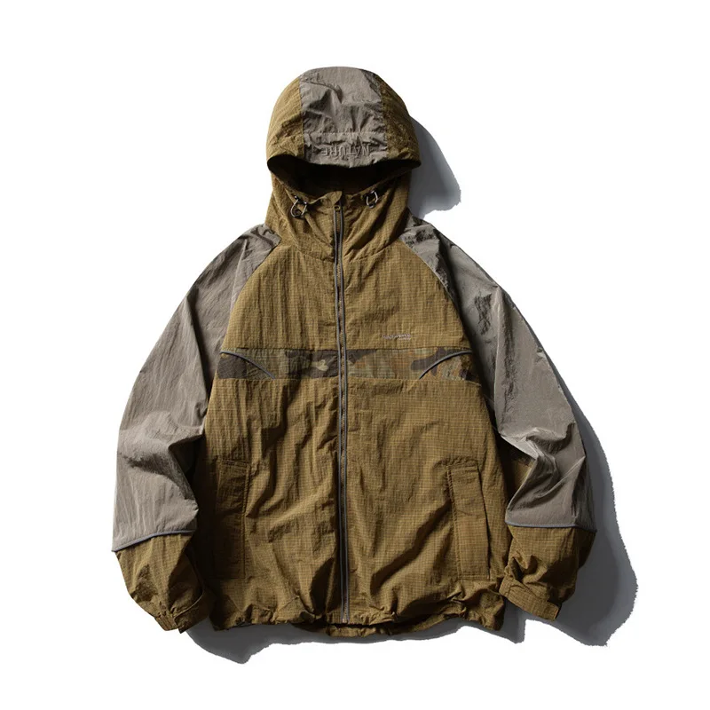 Outdoor-Sportjacke mit Kapuze für Herren, Frühling, Kontrastfarben-Design, Wasserabweisende Trekking- und Reisemantel
