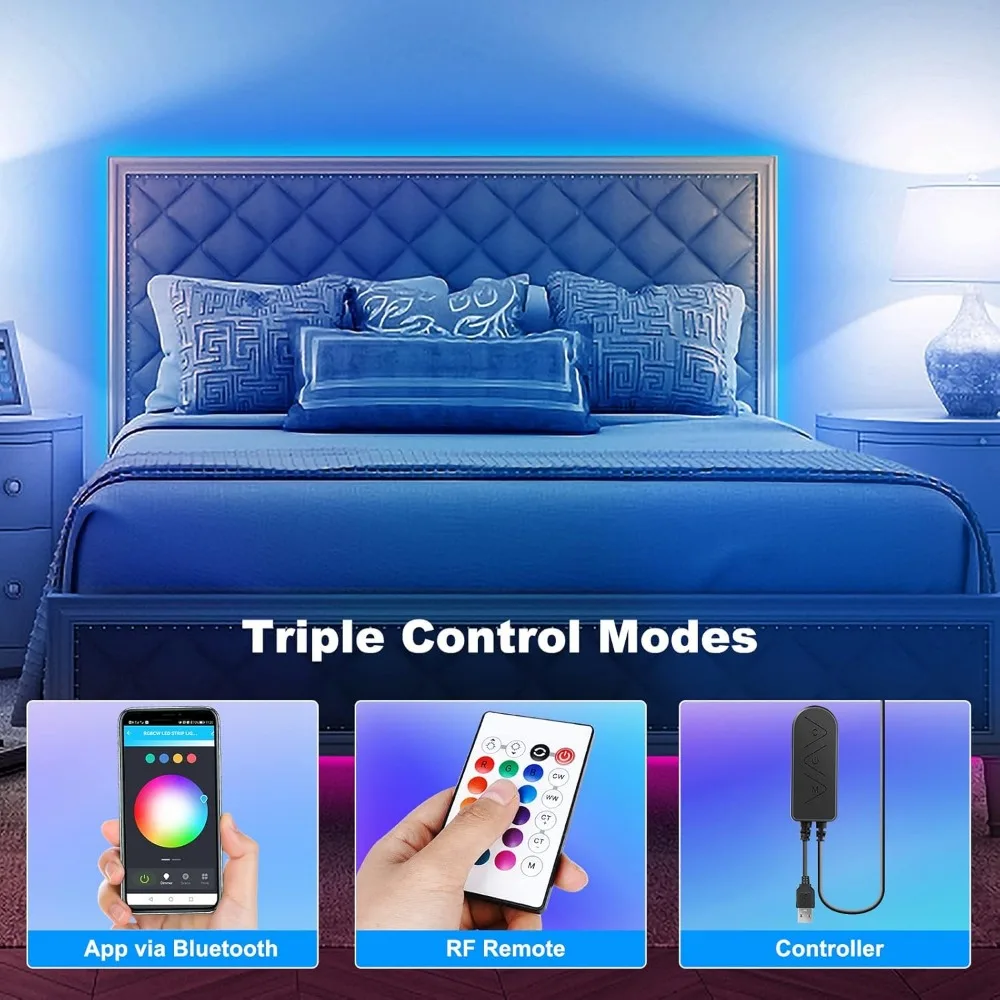 Bluetooth RGBWW LED Lights for 70-75 Inch TV with App Control, RGB+Tunable White 3000K-6500K TV LED Backlight with RF Remote, Mu