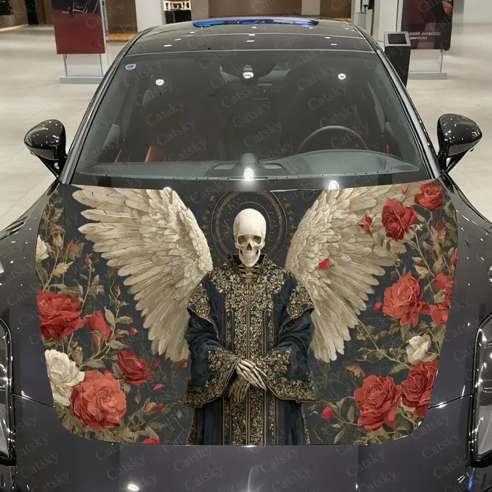 Gilded Winged Skeleton in Sacred Robes Car Vinyl Wrap, PVC Material Waterproof Car Hood Sticker, Self-Adhesive Scratch-Resistant