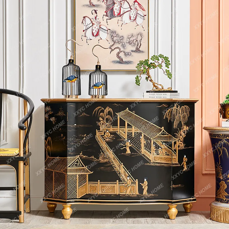 New Chinese-style black gold-painted figure villa high-end home decoration cabinet