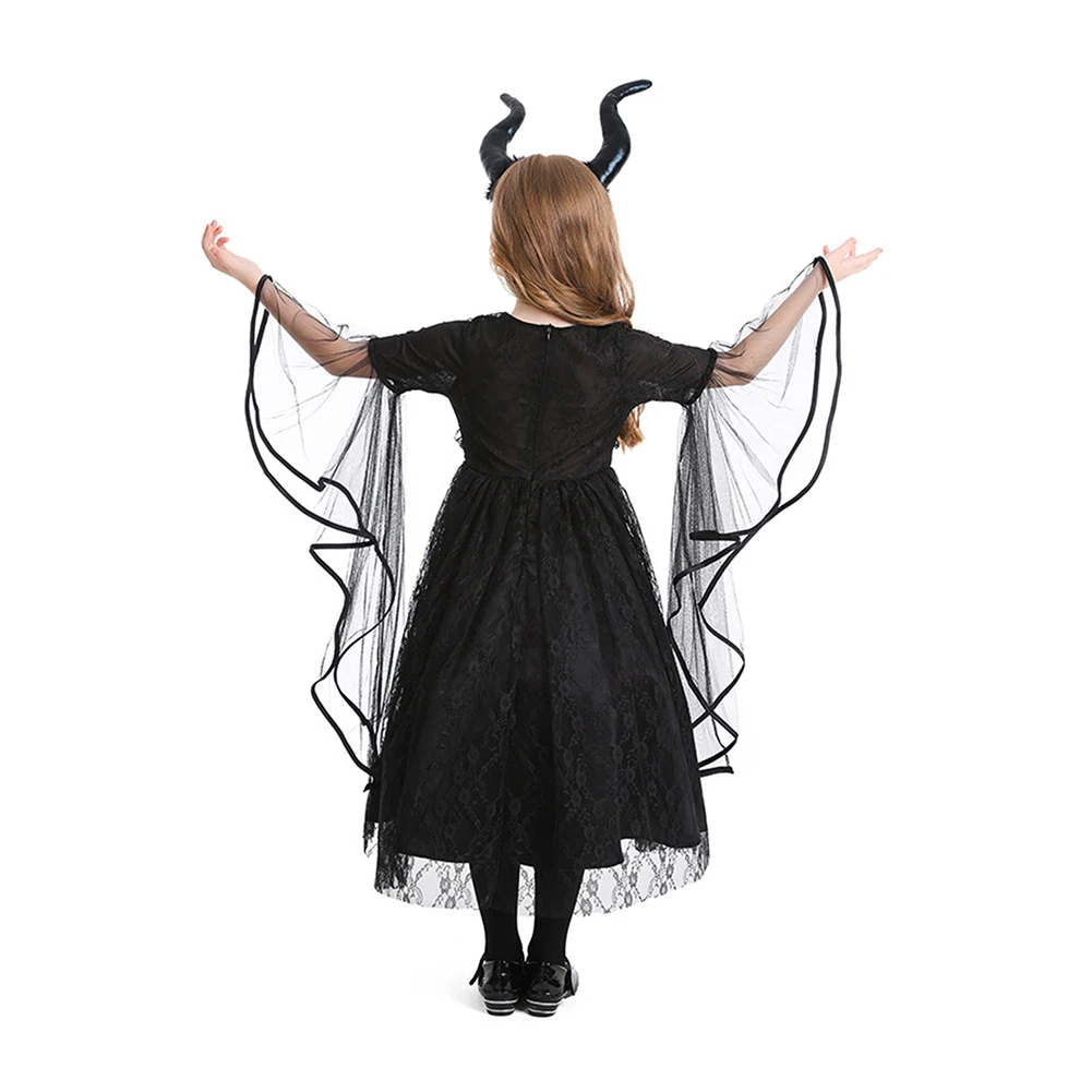 Disguise Gothic Devil Daemon Cosplay Child Girls Black Dress With Horns Stage Performance Costume Role Play Fancy Party Cloth