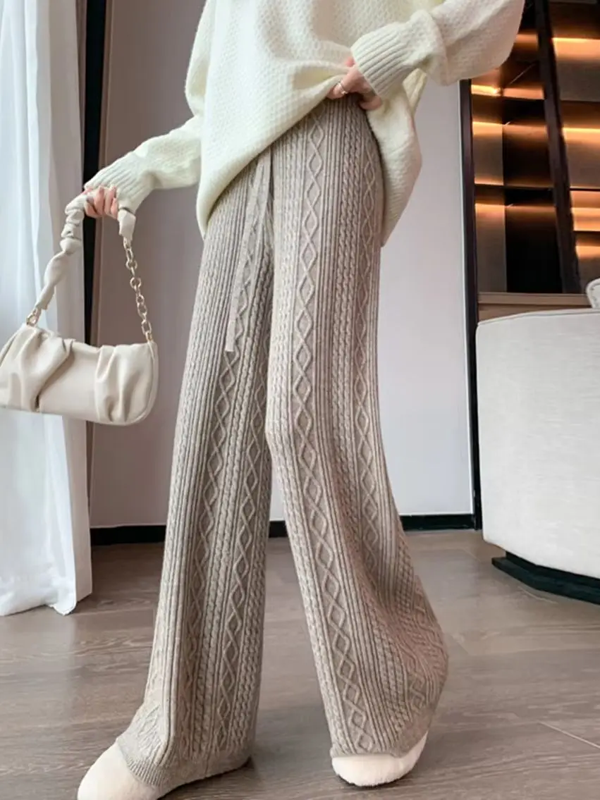 Soft and Stretchy Knit Pants for Women Fall/Winter Casual Elastic Waist Cable Pattern Slimming Wide-Leg Pants