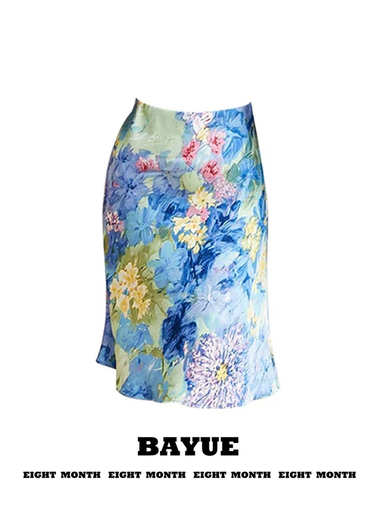 Blue High Waist A-Line Short Skirt with Oil Painting Flower Print Side Cut Design Bodycon Fish Tail Half Body Skirts