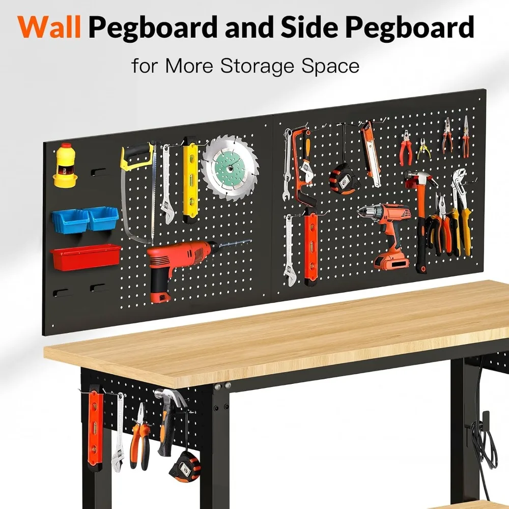 Adjustable Work Bench 48x24 for Garage with Shelf, Heavy Duty Rubber Wood Worktable for Shop