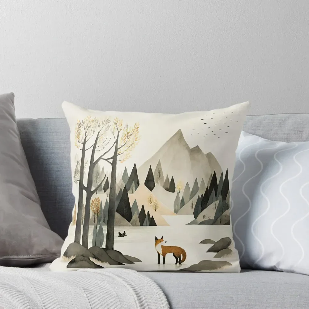 Whimsical Fox in the Forest, Wall Print, T-Shirt, Simplistic Art, Woodland Animals, Nursery Wall Art Decor, Kids Ro Throw Pillow