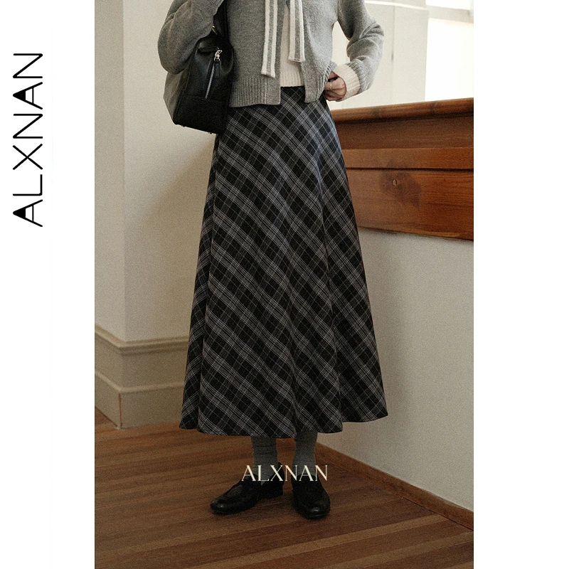 ALXNAN Czarno-szara spódnica w kratę damska Vintage długa elegancka spódnica w kształcie litery A Jesień 2025 Nowa kolekcja biurowa codzienna odzież damska L57551