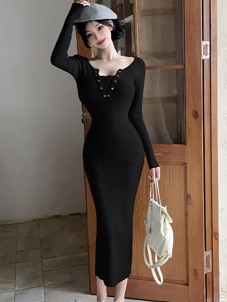 Herfst Winter Zwart Gestreepte Gebreide V-hals Lange Jurk Vrouwen Vintage Luxe Avondjurk 2025, Koreaanse Elegante Bodycon Feestjurk