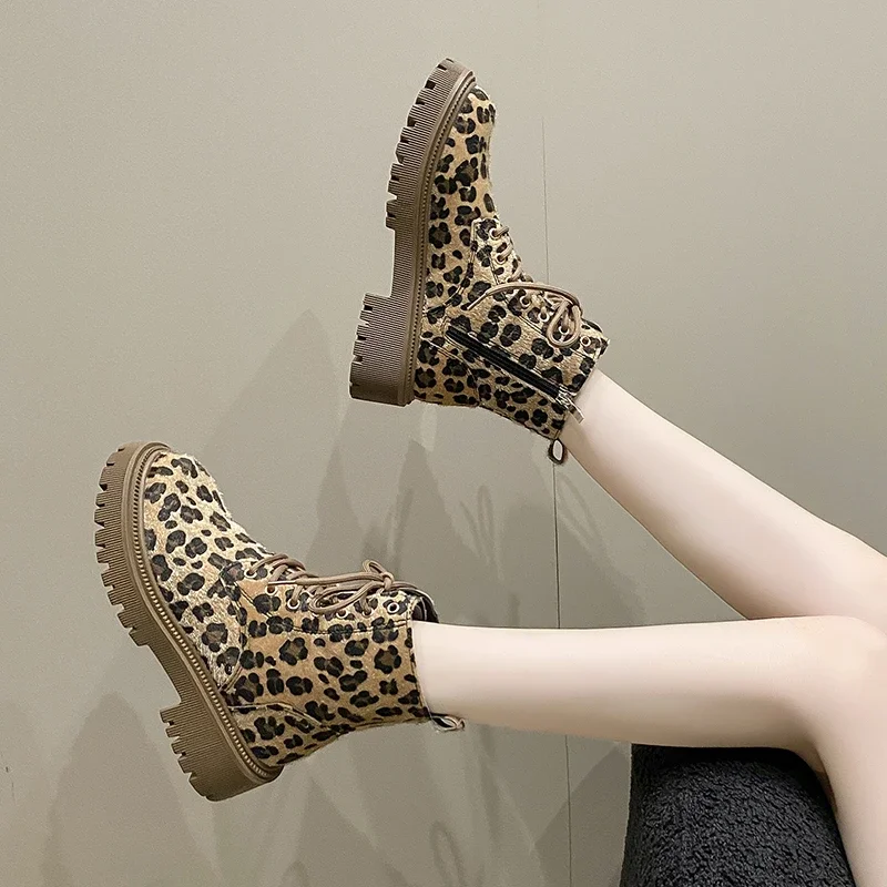 Shoes for Women 2023 Fashion Lace Up Women Boots Winter Round Toe Leopard Print Short Barrel Chunky Heels Zipper Plus Size Boots