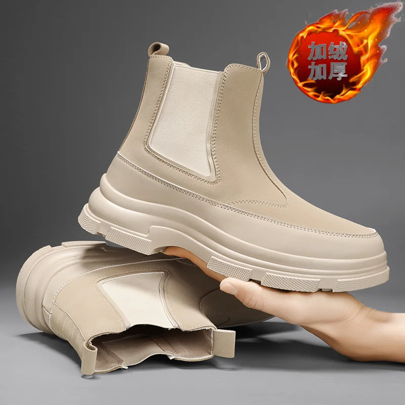 

Couple Leather Big Yellow Boots: 2025 New Autumn and Winter Men's Shoes, British Style Short Boots, Thickened Sole High-Top Boot