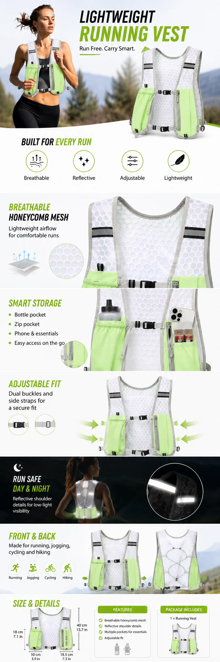 Lightweight Ergonomic Running Hydration Vest, Reflective Water Bottle Backpack for Cycling Walking Kayaking Outdoor Sports
