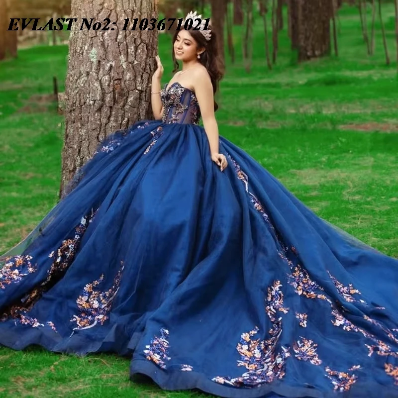 

EVLAST Customized Shiny Navy Blue Quinceanera Dress Ball Gown 3D Flower Applique Beading Sweet 16 Vestidos De 15 Anos E2QA52