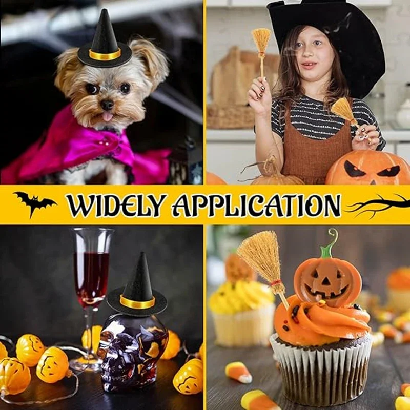 10PCS Mini Felt Witch Hats and Mini Witch Broom Halloween Decorations Wine Bottle Topper DIY Crafts Cosplay Party Supplies