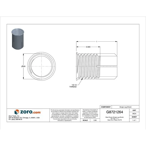 Steel Dropin Single Lag Shield, 1/2