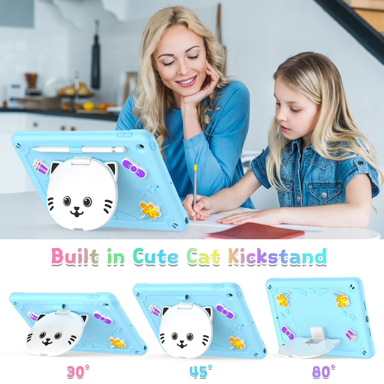 For iPad 10.2 (2021) / (2020) / (2019) Case with Cat Kickstand PC + Silicone Tablet Cover - Sky Blue
