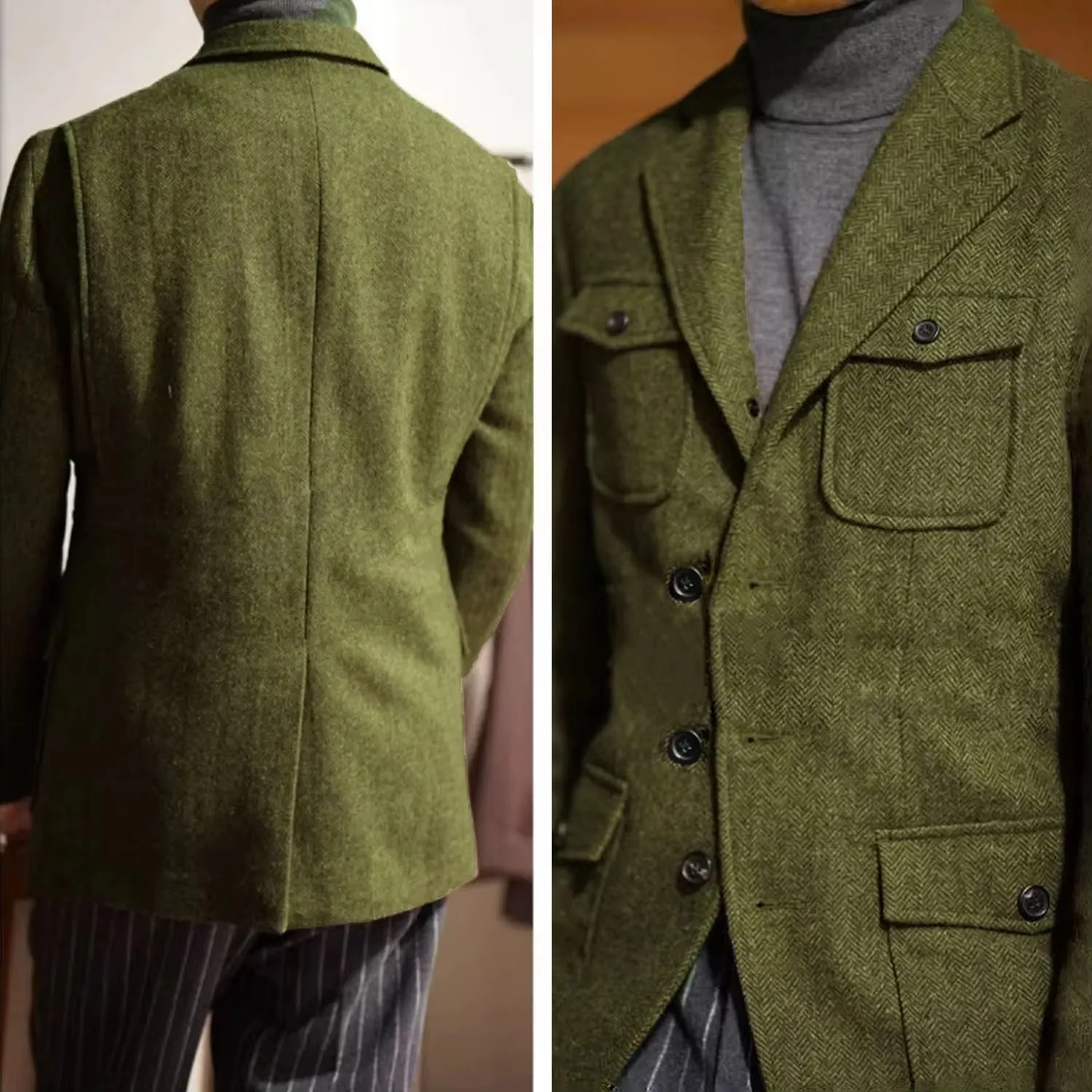 Heren Klassieke Visgraat Tweed Jachtblazer Wolmix Sportjas met Vier Zakken Drie Knoppen Jas Heren Smoking