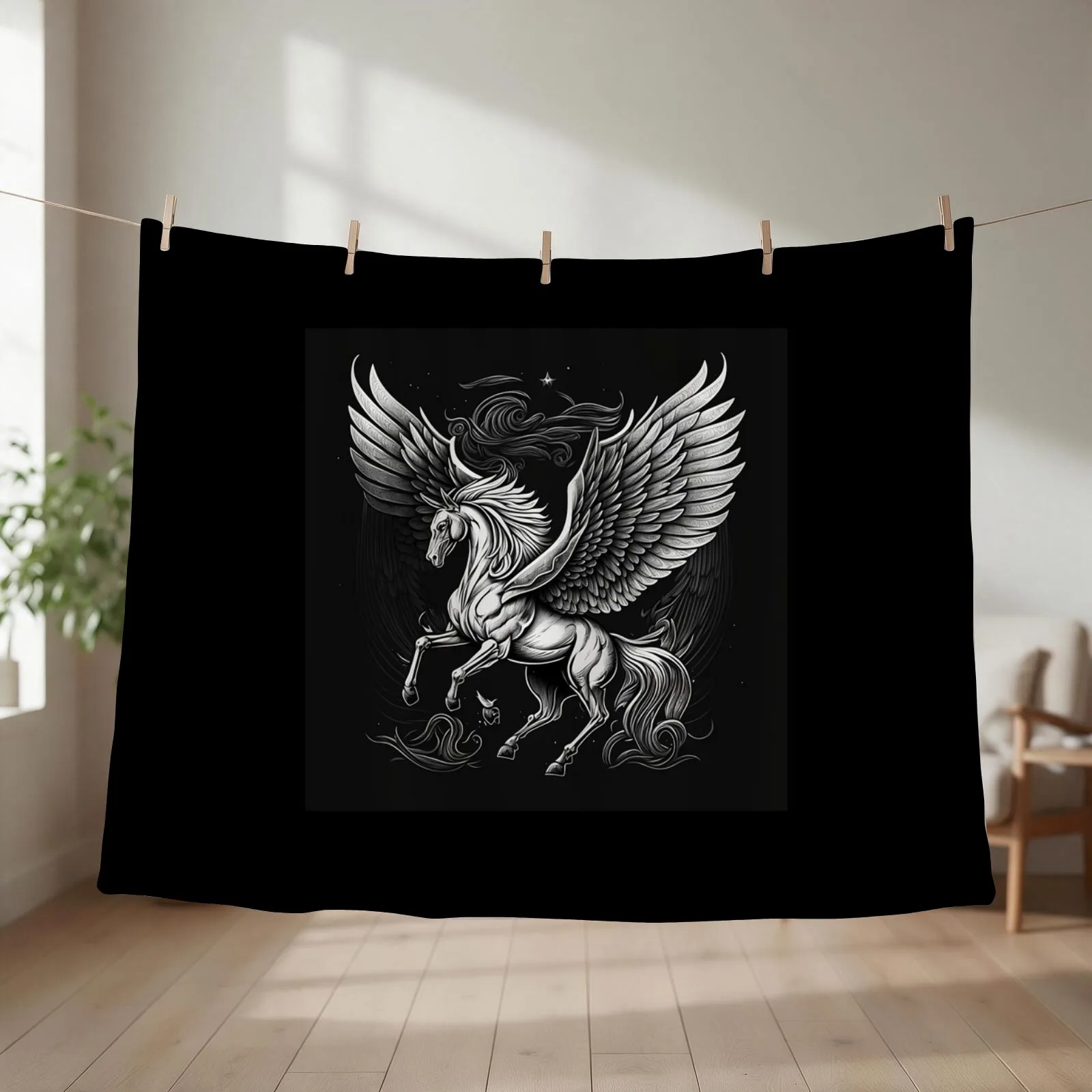 black and white pegasus Throw Blanket couch cozy soft plush fuzzy picnic outdoor blanket