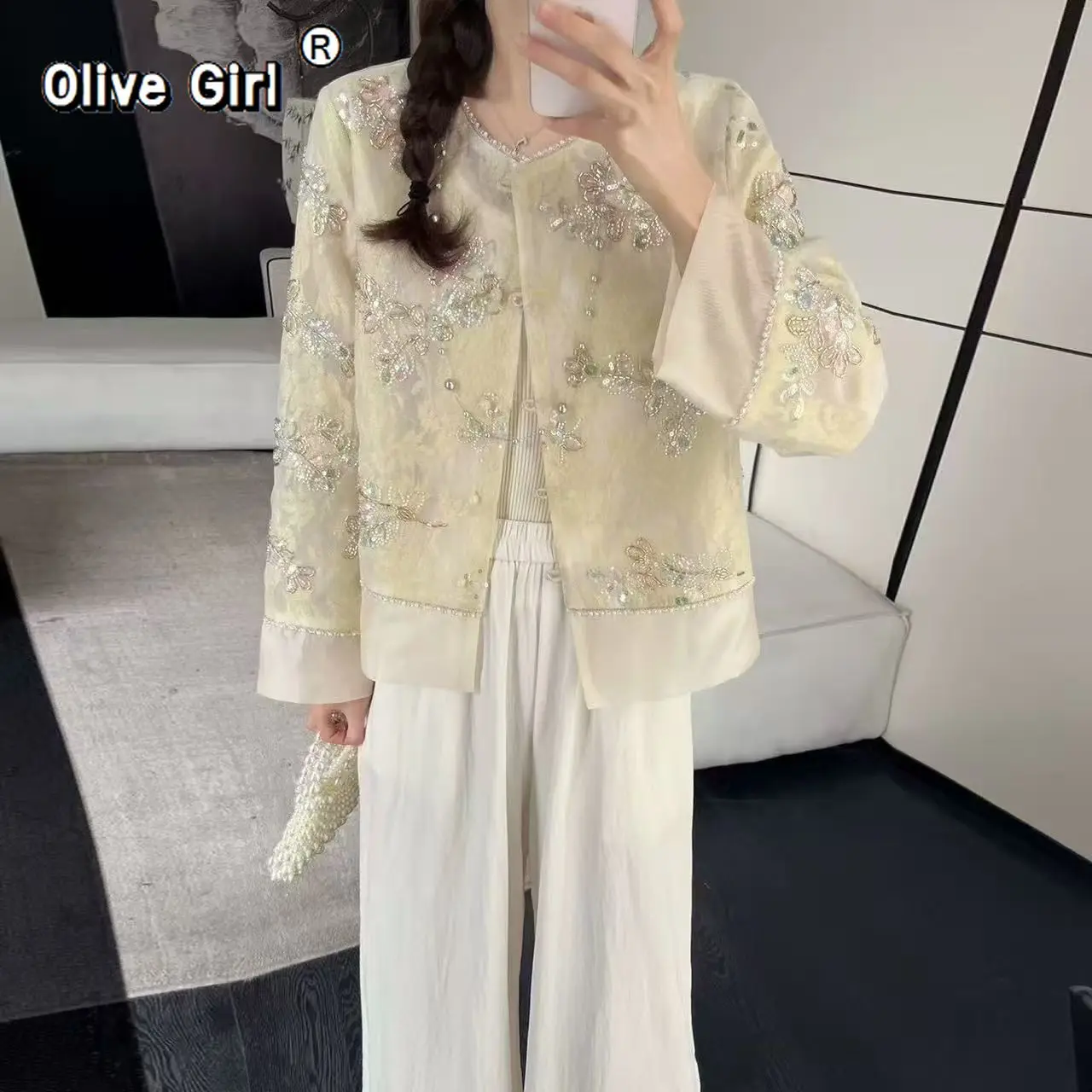 Olivegirl Women's Coat 2026 Spring Summer Clothing Light Luxury High-end Embroidery Nail Bead Sunscreen Outerwear Cardigan Top