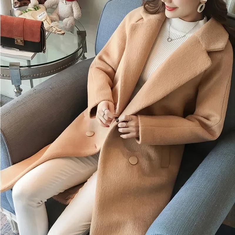 

Autumn Winter Mid-length Coats For Women Elegant Button Thick Warm Wool Blend Jackets Korean Fashion Loose Streetwear Sobretudo