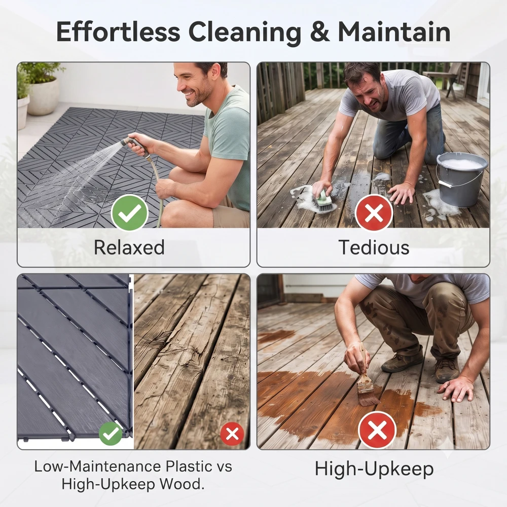 44 Pack 12"x12" Plastic Interlocking Deck Tiles, Waterproof Non-Slip Outdoor Patio Flooring, All Weather Drainable Snap Together Decking Tiles for Poolside Porch Garden Backyard view 5