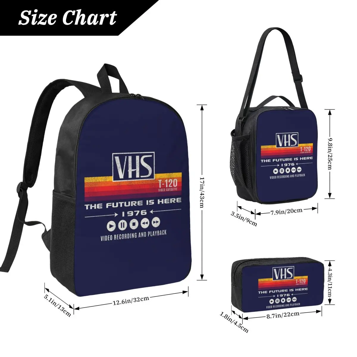 VHS The Future Is Here 1976 Worn Out Dks Backpack BookBag School Bag Computer Shoulder Bags 3ps Insulated Lunch Bag Pencil Case