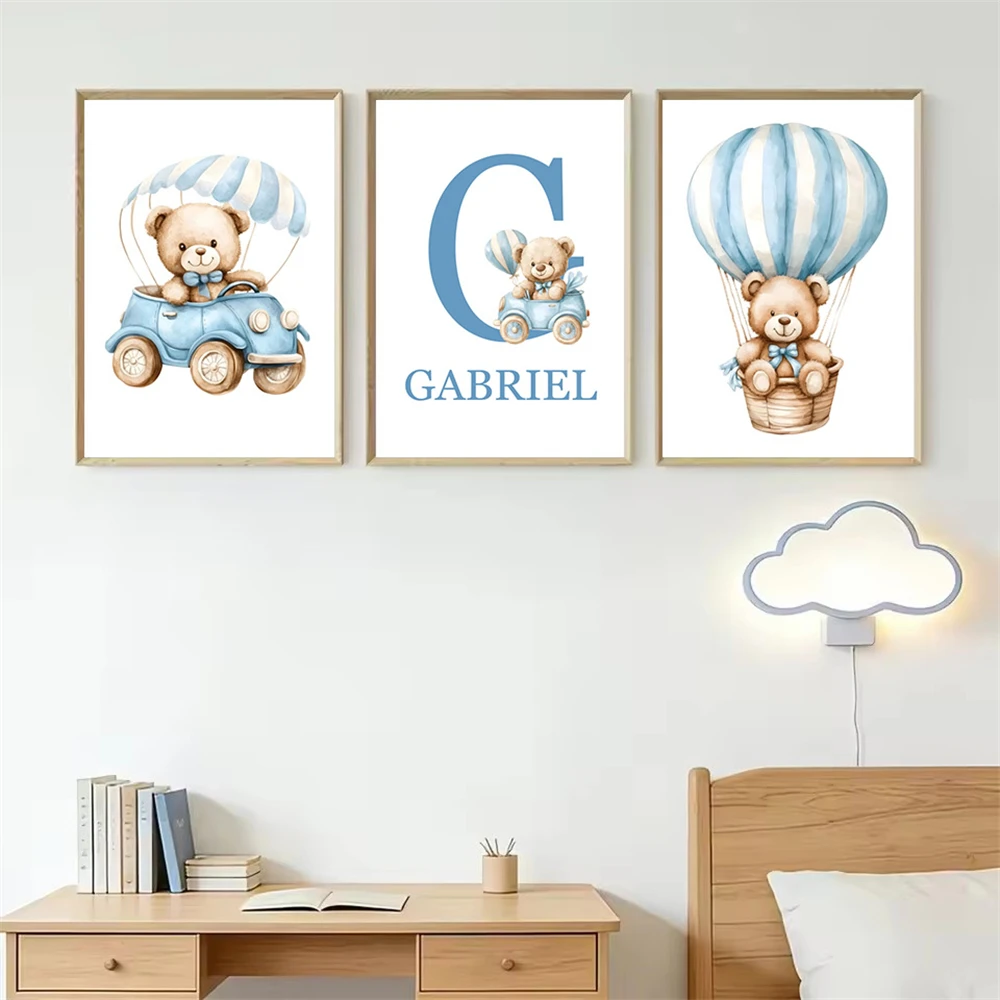 Cartoon Blue Car Balloon Bear Canvas Wall Art Painting Custom Name Poster Nursery Art Prints Nordic Wall Pictures Boy Room Decor