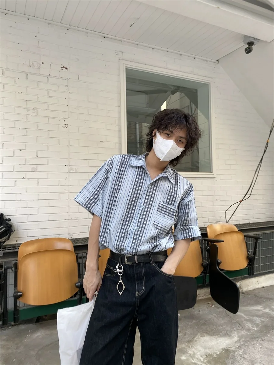 Jacquard plaid short sleeved shirt for men loose trendy design summer retro casual shirt jacket high streetwear casual tops