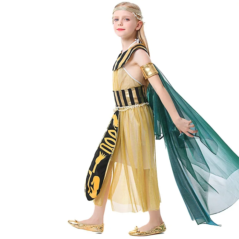 Umorden Halloween Cleopatra Costume for Girls Child Kids Egypt Nile Queen Gold Dress Green Cloak Purim Party Book Day Cosplay