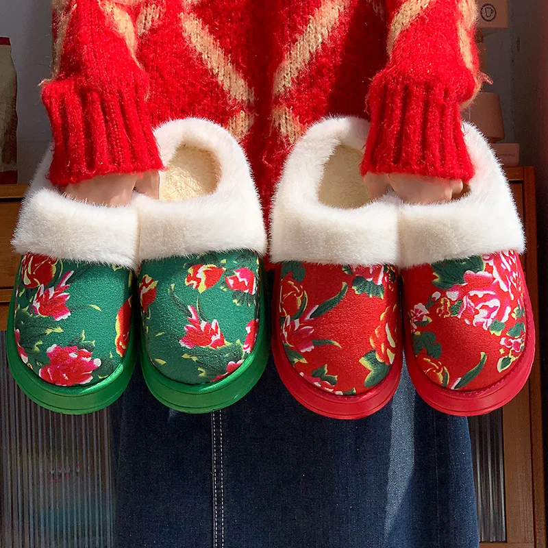 Vintage Floral Women Plush Slippers Winter Warm Furry Booties Thick Anti Slip Indoor Outdoor Home Flower Footwear Cotton Shoes