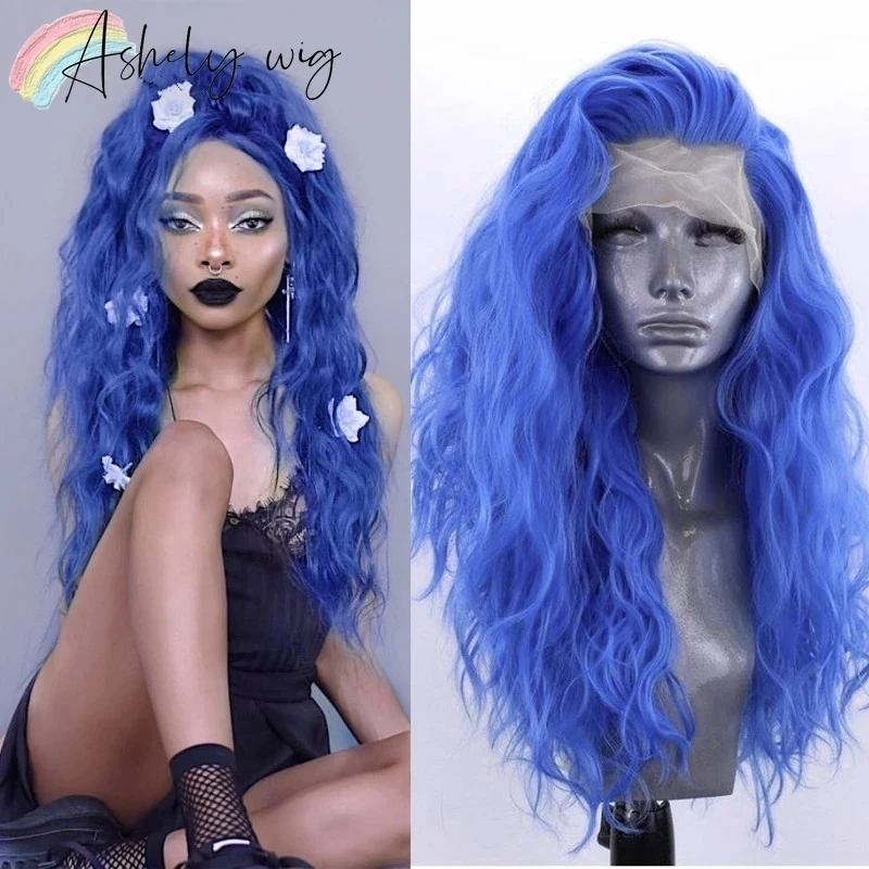 Ashely Blue Lace Front Wig for Women 26inch 13*4 Lace Frontal Nature Looking Long Curly Hair Cosplay Wigs Synthetic Lace Wigs
