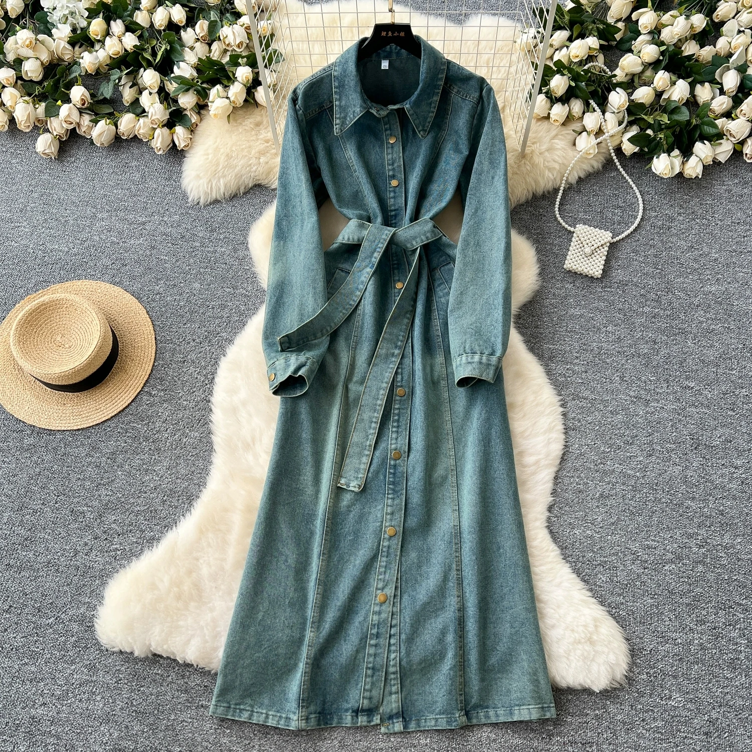 

Женское джинсовое длинное платье-тренч Vestidos с повязкой на талии, однобортные ковбойские платья на пуговицах с отложным воротником, платья на шнуровке