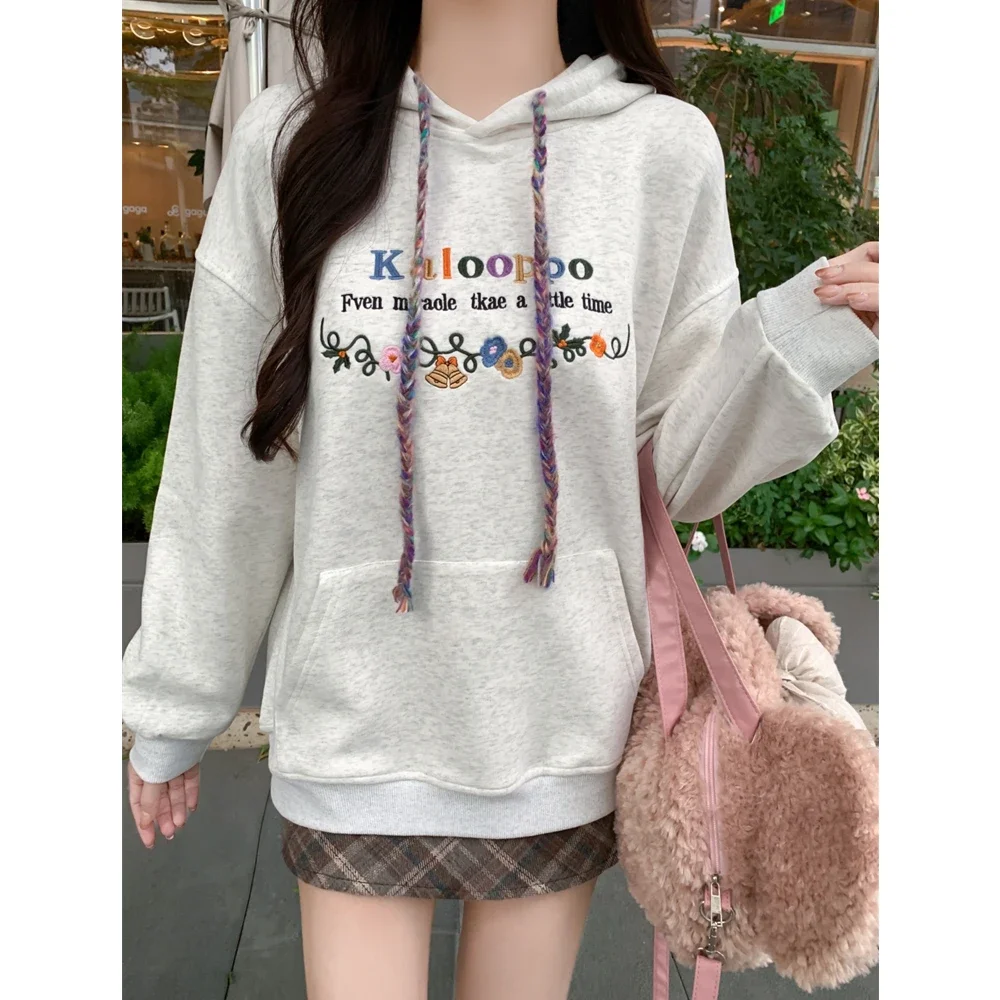 New Autumn Winter Women Loose Thicken Fleece Hooded Sweatshirt High Quality Fashion Letter Embroidery Snowflake Grey Hoodies