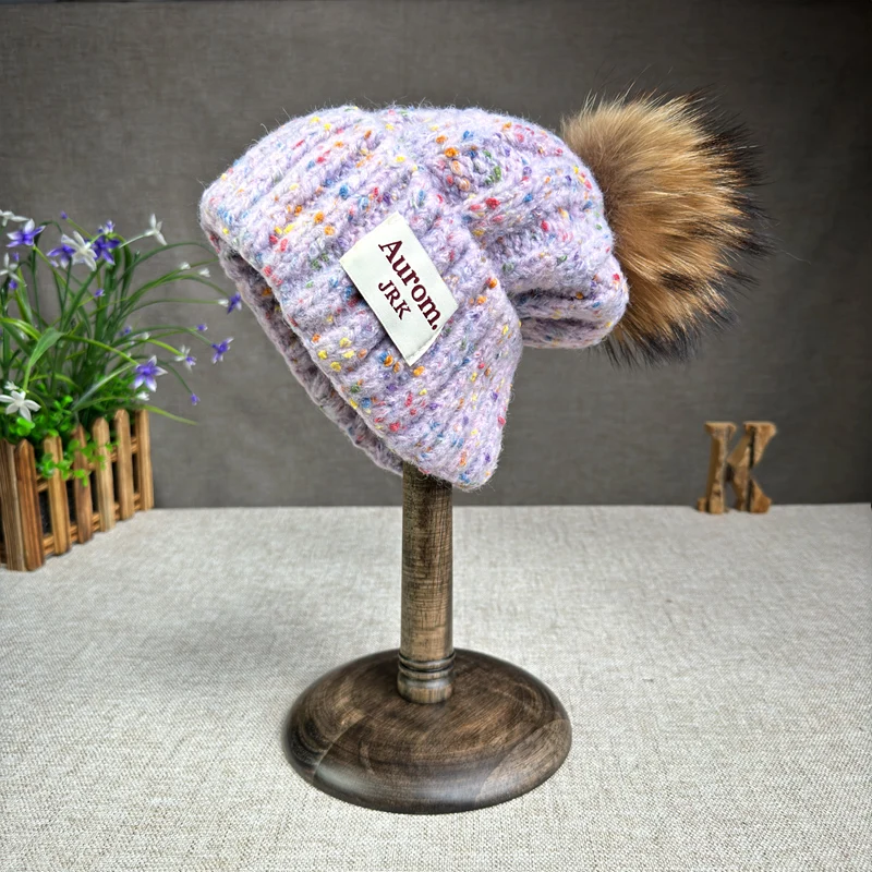 New trendy brand letter cloth label woolen hat with raccoon fur ball for cold insulation, retro fashion, cute woolen ball knitte