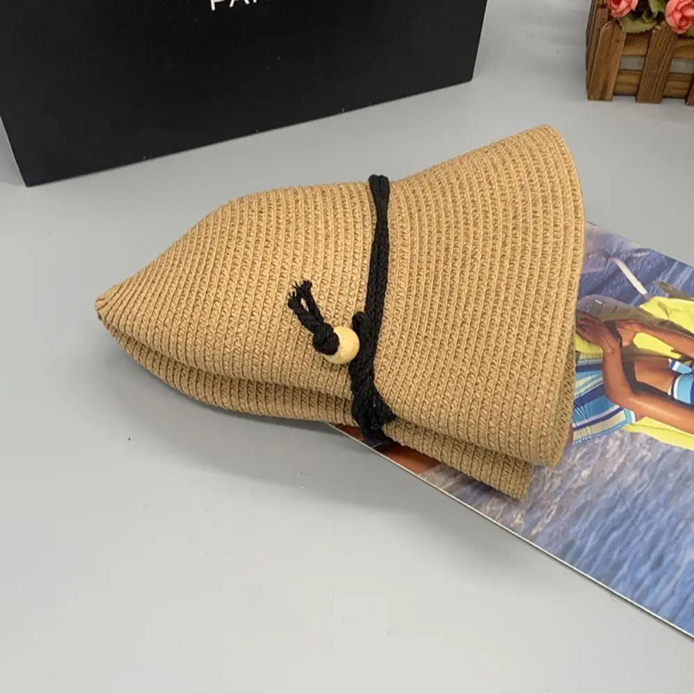 

Vintage Summer Straw Bucket Hat Foldable Wide Brim Women's Straw Hat Beach UV Protection Visor Cap Travel