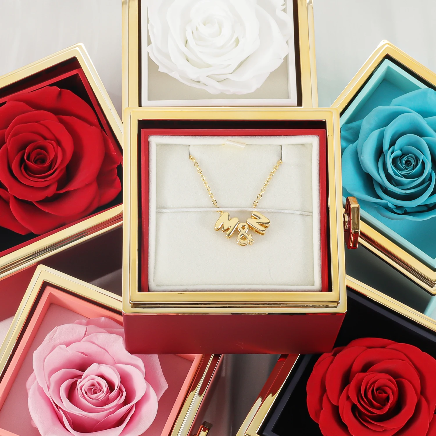 

Customize Initial Letter Necklace A&B ETERNAL ROSE BOX-3D BUBBLE & REALROSE Flower Gift Box Heart Valentine Day Gift for Women